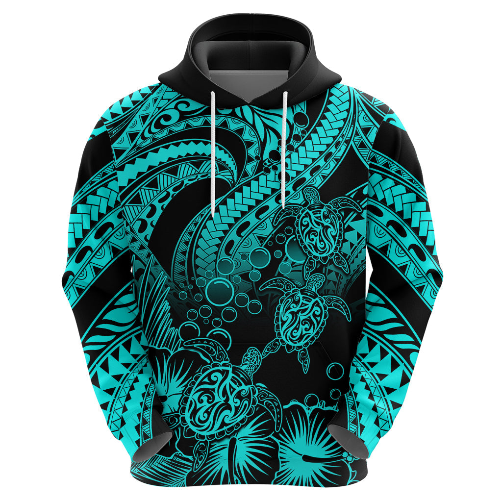 Custom Polynesian Hoodie Tribal Honu Turtle with Hibiscus Turquoise Version LT14