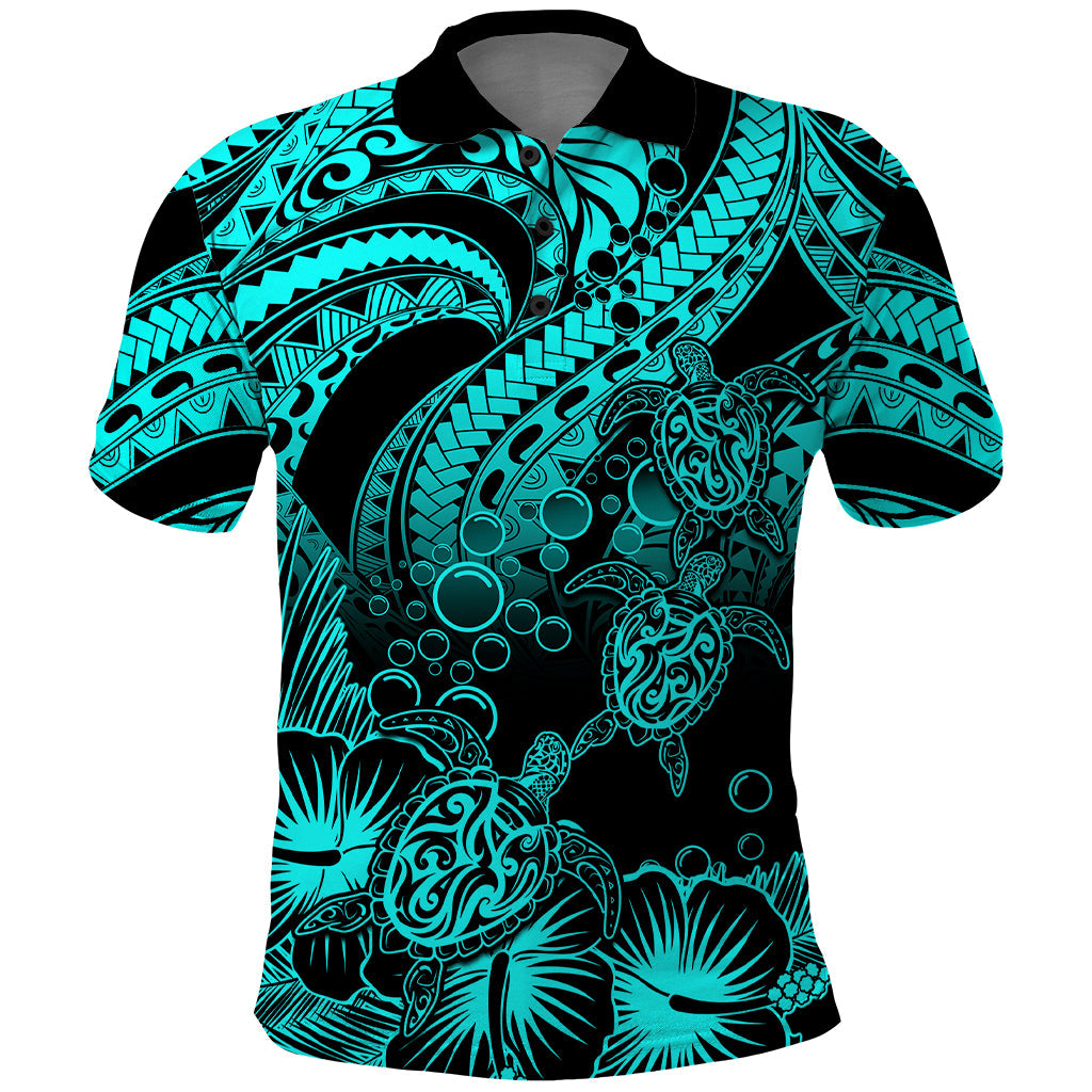 Custom Polynesian Polo Shirt Tribal Honu Turtle with Hibiscus Turquoise Version LT14