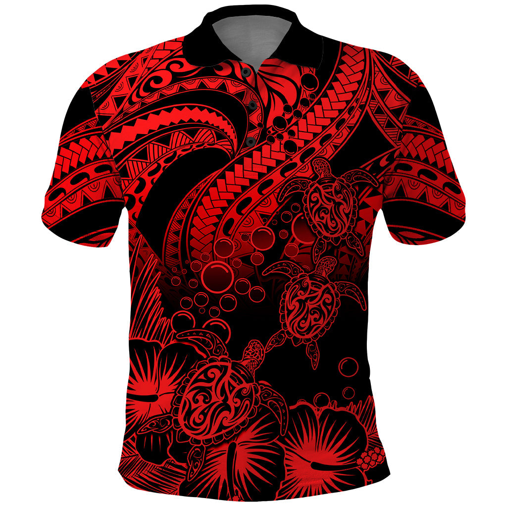 Custom Polynesian Polo Shirt Tribal Honu Turtle with Hibiscus Red Version LT14