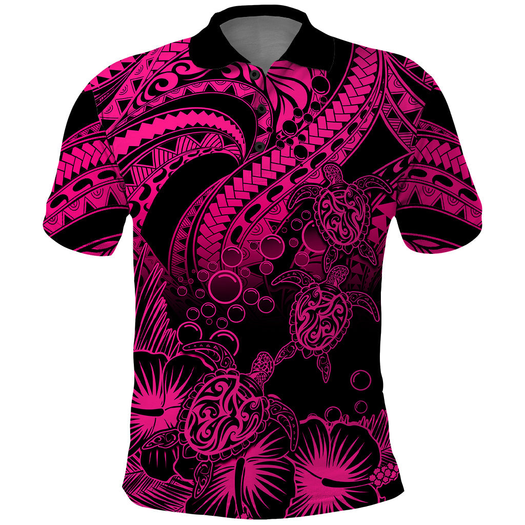Custom Polynesian Polo Shirt Tribal Honu Turtle with Hibiscus Pink Version LT14