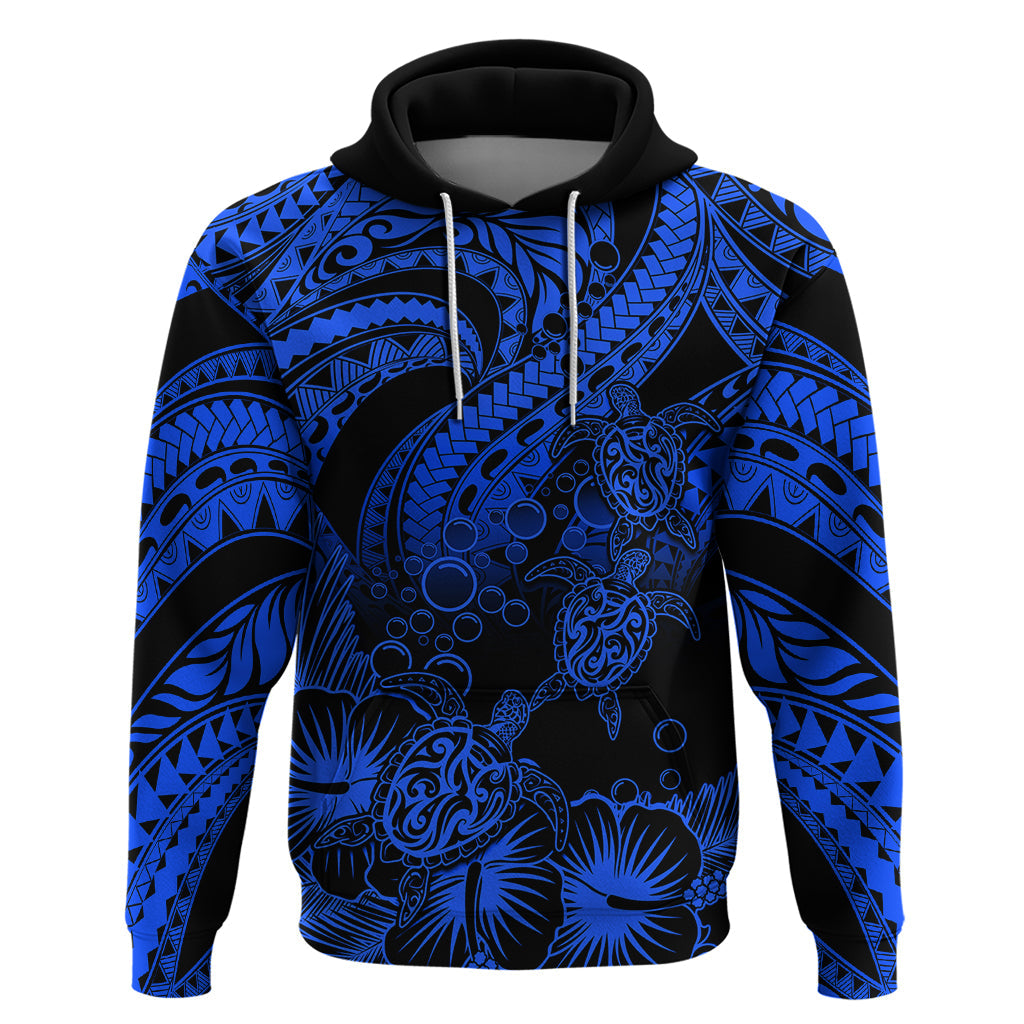 Custom Polynesian Hoodie Tribal Honu Turtle with Hibiscus Blue Version LT14