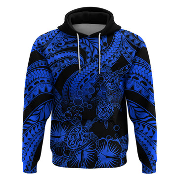 Custom Polynesian Hoodie Tribal Honu Turtle with Hibiscus Blue Version LT14