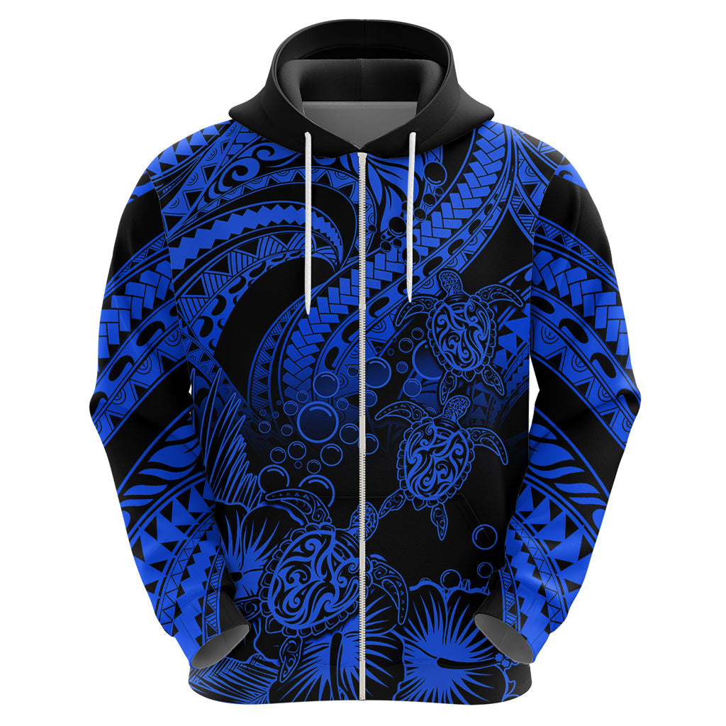 Custom Polynesian Hoodie Tribal Honu Turtle with Hibiscus Blue Version LT14