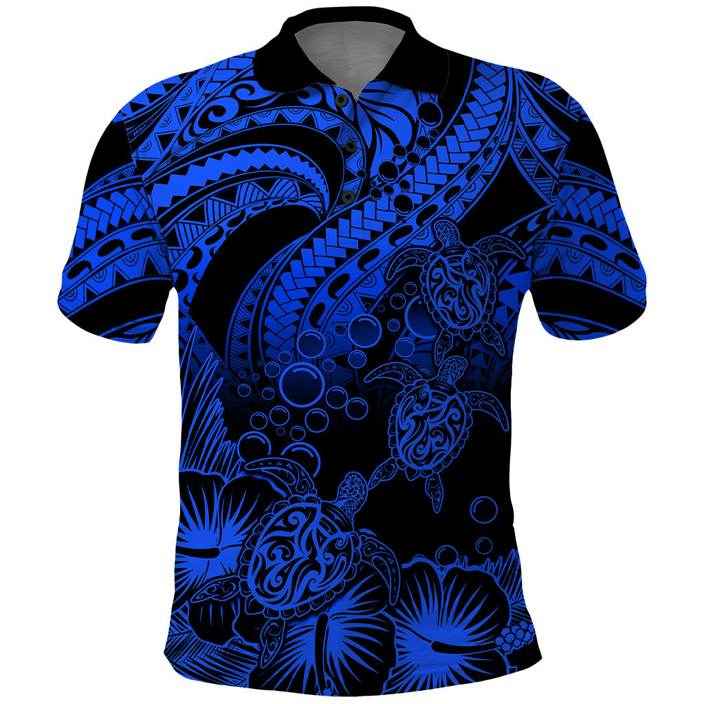 Custom Polynesian Polo Shirt Tribal Honu Turtle with Hibiscus Blue Version LT14