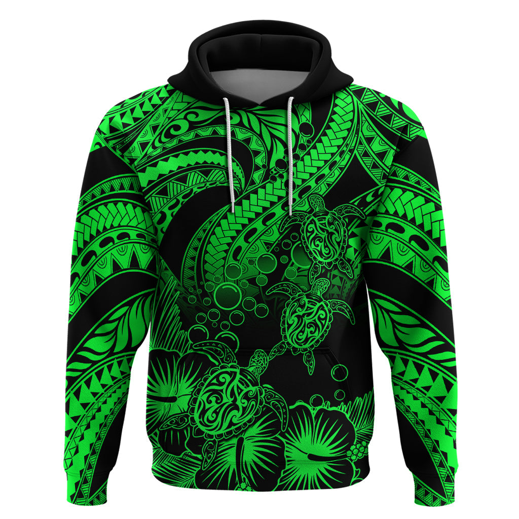 Custom Polynesian Hoodie Tribal Honu Turtle with Hibiscus Green Version LT14