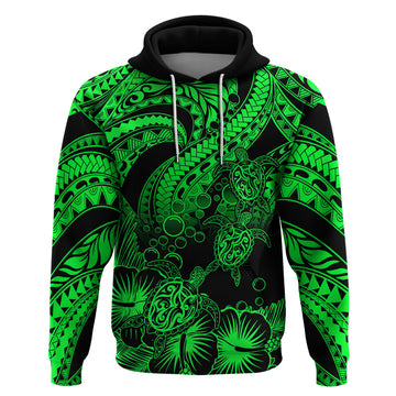 Custom Polynesian Hoodie Tribal Honu Turtle with Hibiscus Green Version LT14