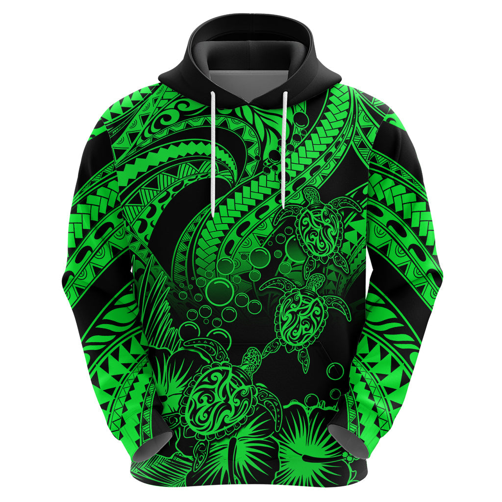 Custom Polynesian Hoodie Tribal Honu Turtle with Hibiscus Green Version LT14