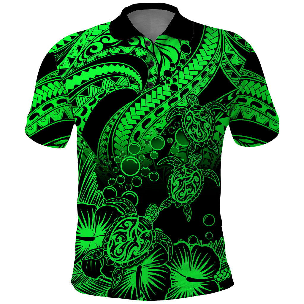 Custom Polynesian Polo Shirt Tribal Honu Turtle with Hibiscus Green Version LT14