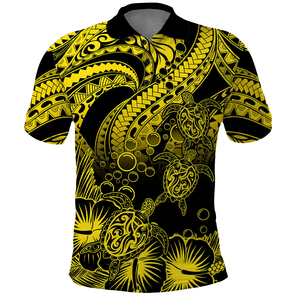 Custom Polynesian Polo Shirt Tribal Honu Turtle with Hibiscus Gold Version LT14