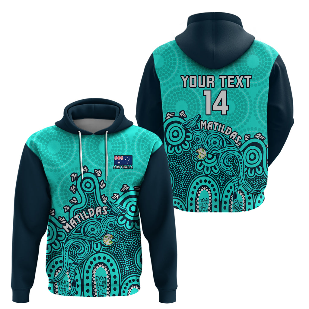 Personalised Australia Soccer Hoodie Aboriginal Turquoise 2023 World Cup With Kangaroo LT14