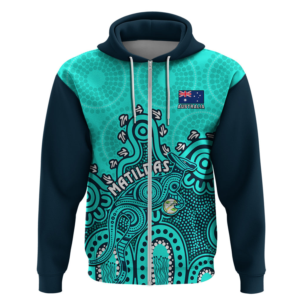 Personalised Australia Soccer Hoodie Aboriginal Turquoise 2023 World Cup With Kangaroo LT14