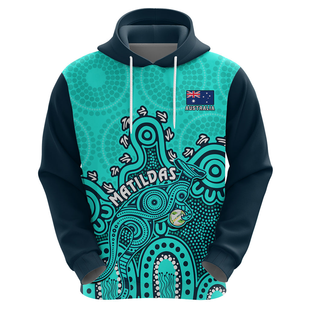 Personalised Australia Soccer Hoodie Aboriginal Turquoise 2023 World Cup With Kangaroo LT14