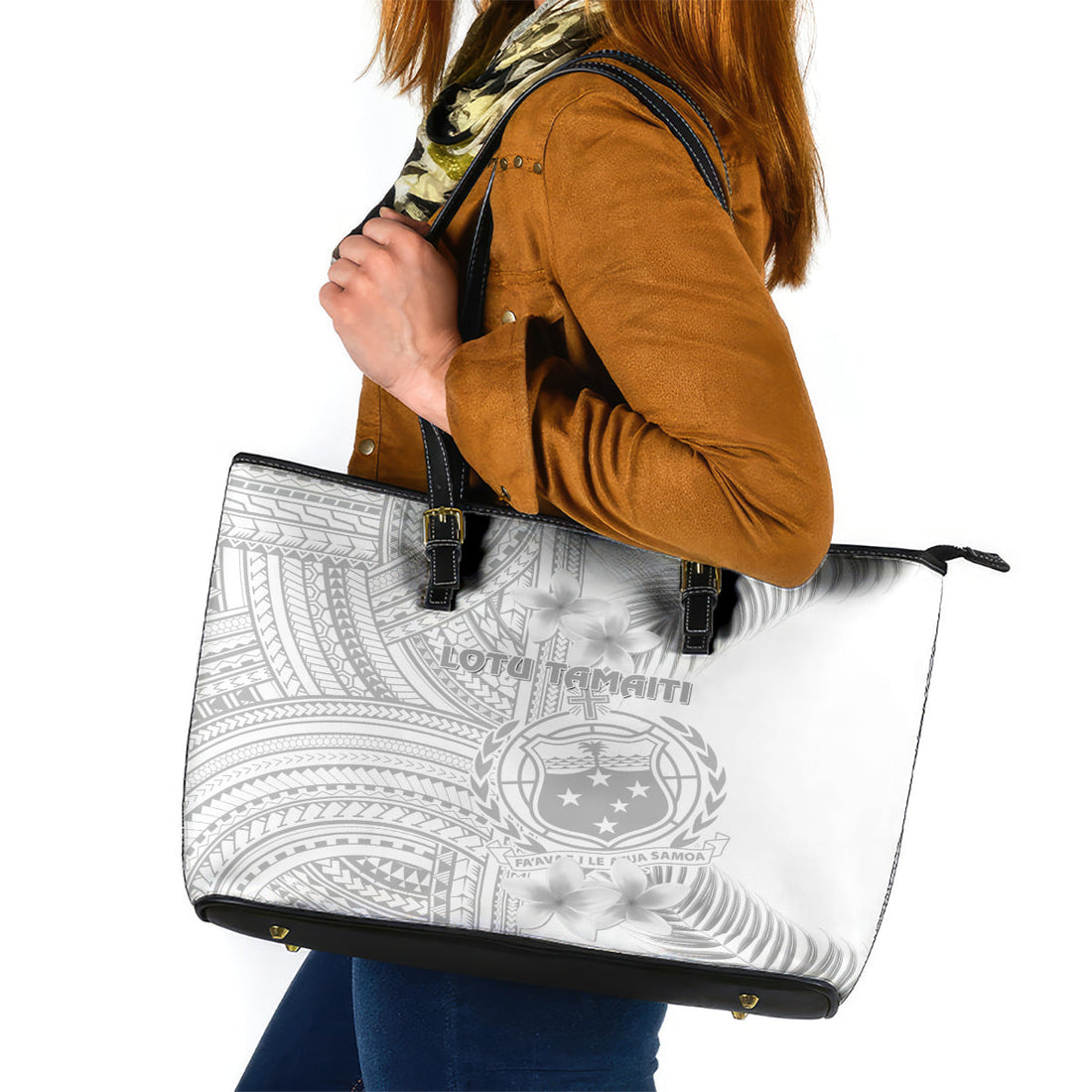 Samoa White Sunday Leather Tote Bag Manuia le Aso Sa o Tamaiti Polynesian Plumeria LT14