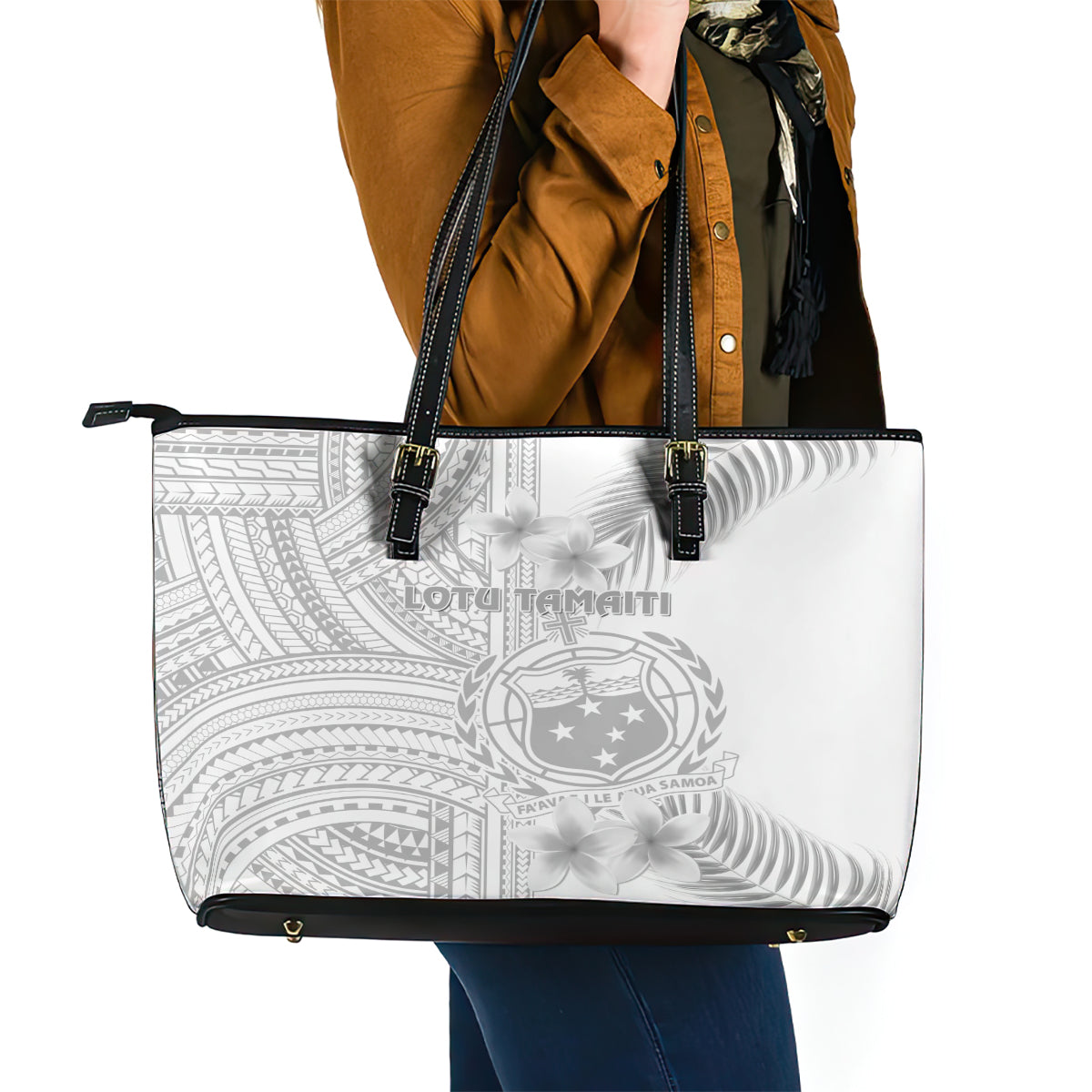 Samoa White Sunday Leather Tote Bag Manuia le Aso Sa o Tamaiti Polynesian Plumeria LT14