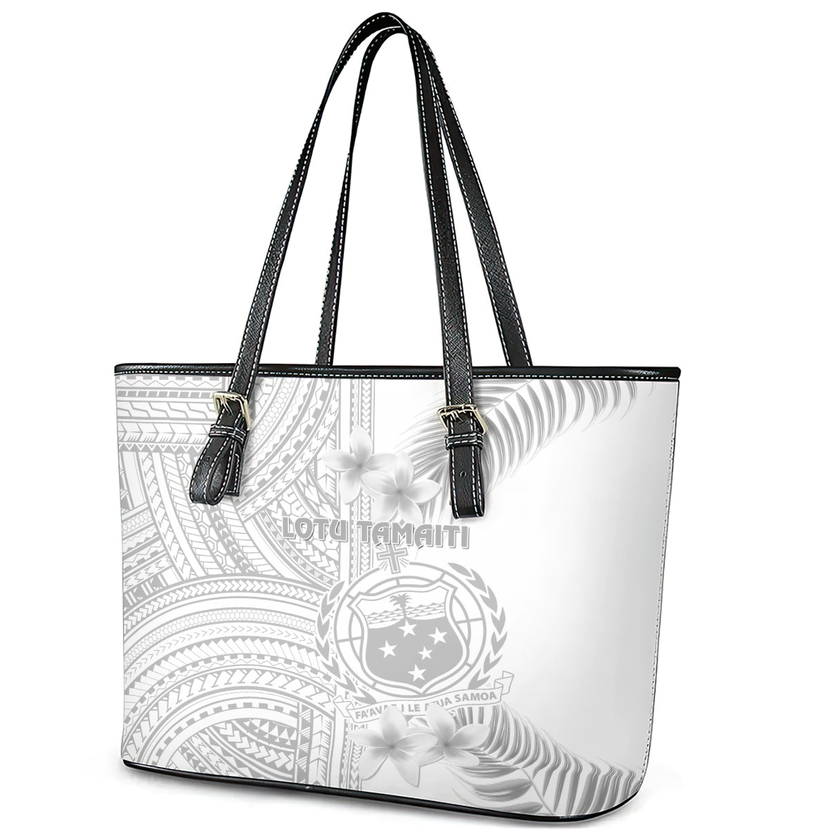 Samoa White Sunday Leather Tote Bag Manuia le Aso Sa o Tamaiti Polynesian Plumeria LT14