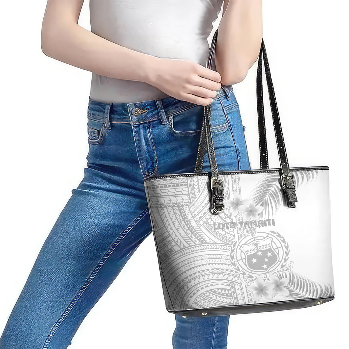 Samoa White Sunday Leather Tote Bag Manuia le Aso Sa o Tamaiti Polynesian Plumeria LT14