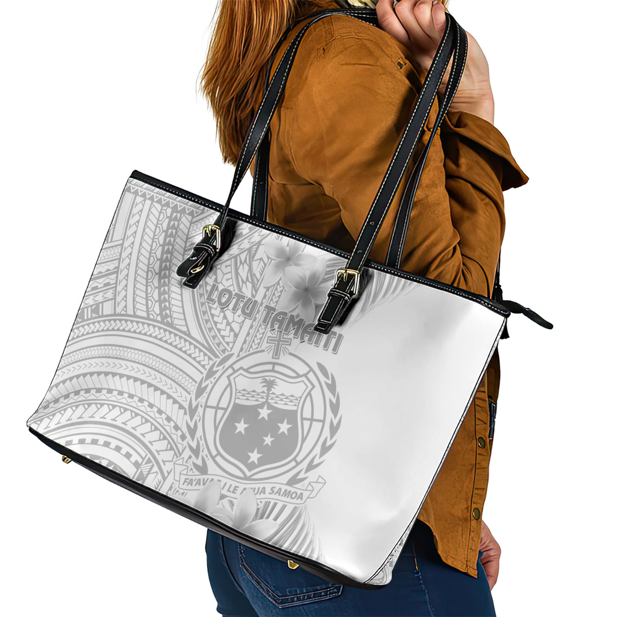 Samoa White Sunday Leather Tote Bag Manuia le Aso Sa o Tamaiti Polynesian Plumeria LT14