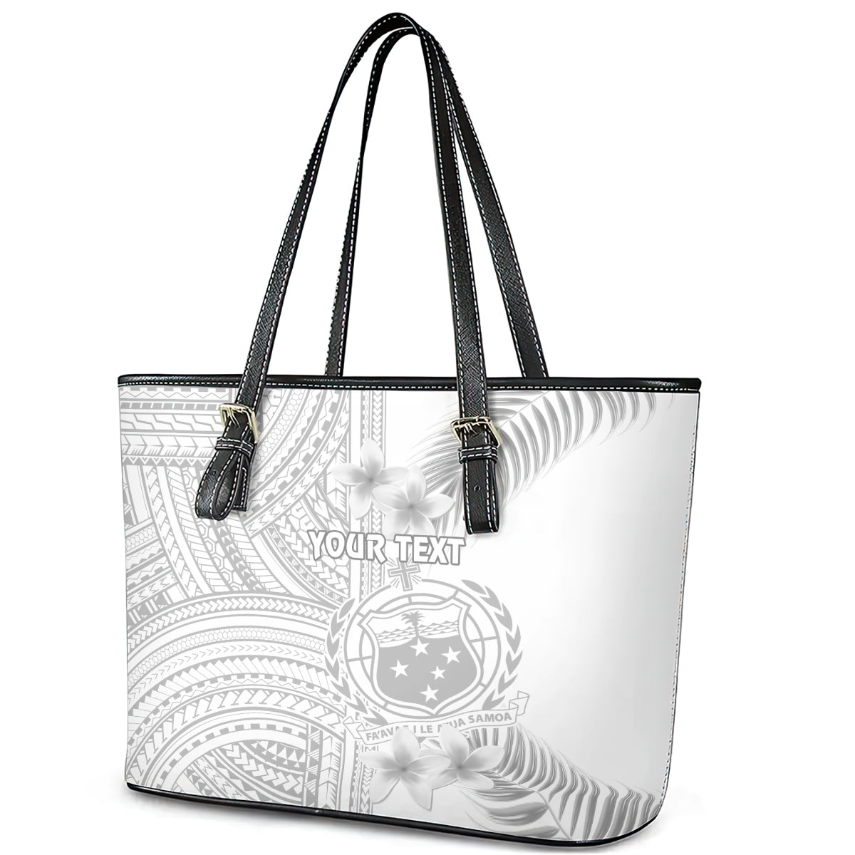 Personalised Samoa White Sunday Leather Tote Bag Manuia le Aso Sa o Tamaiti Polynesian Plumeria LT14