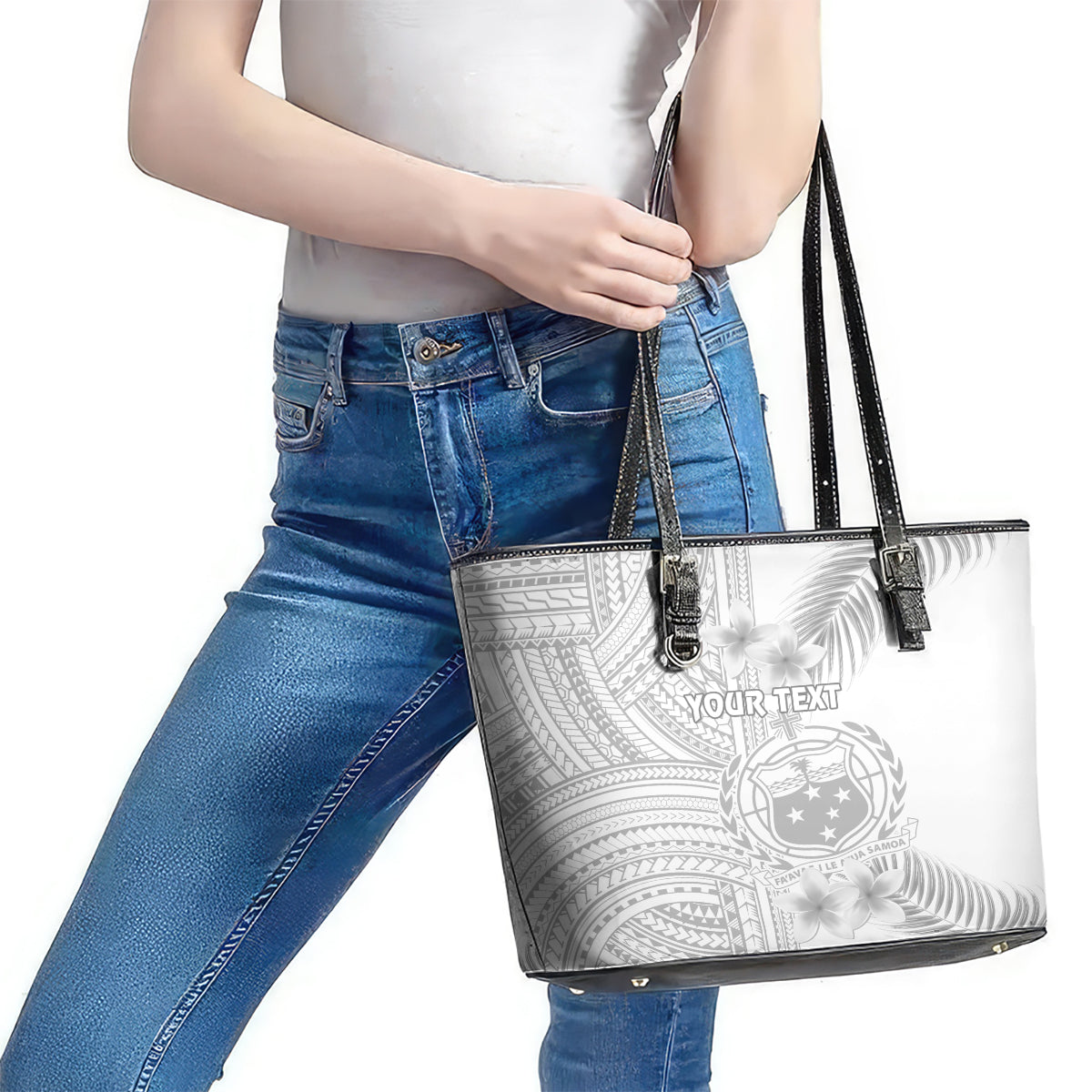 Personalised Samoa White Sunday Leather Tote Bag Manuia le Aso Sa o Tamaiti Polynesian Plumeria LT14