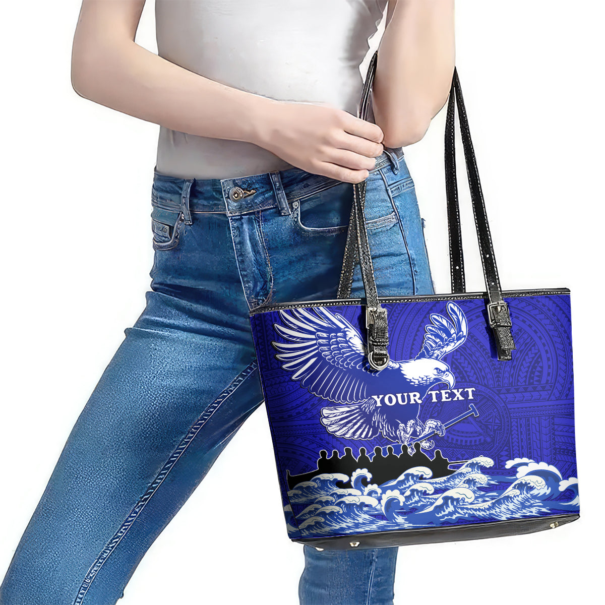 Personalised American Samoa Fautasi Race Leather Tote Bag Eagle With Polynesian Pattern LT14
