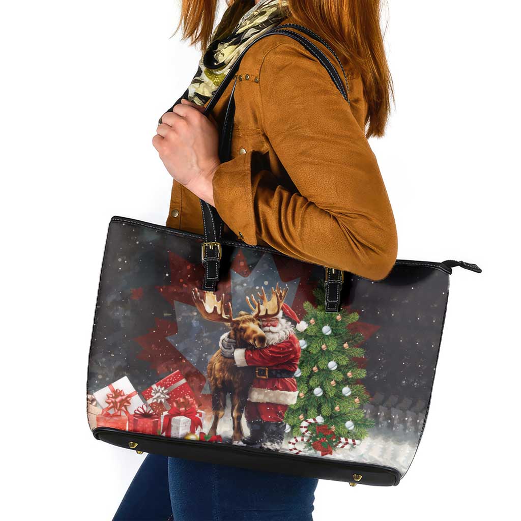 Christmas Canada Leather Tote Bag Merry Moose-Mas Santa Hugging A Moose LT14