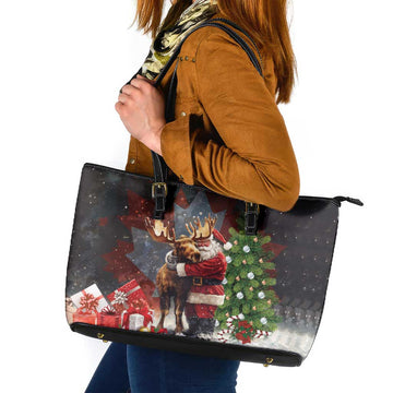 Christmas Canada Leather Tote Bag Merry Moose-Mas Santa Hugging A Moose LT14