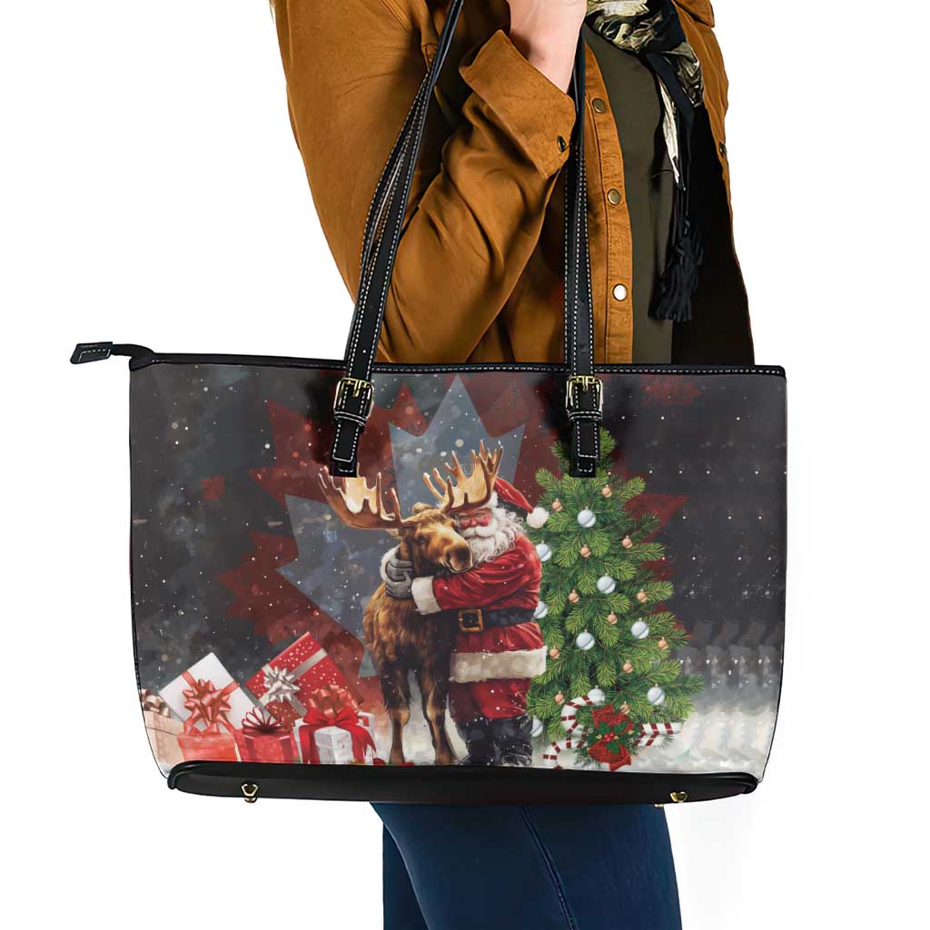 Christmas Canada Leather Tote Bag Merry Moose-Mas Santa Hugging A Moose LT14