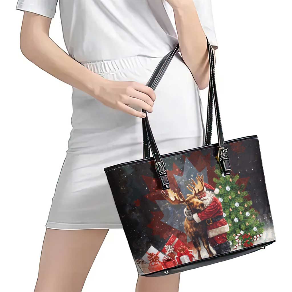 Christmas Canada Leather Tote Bag Merry Moose-Mas Santa Hugging A Moose LT14