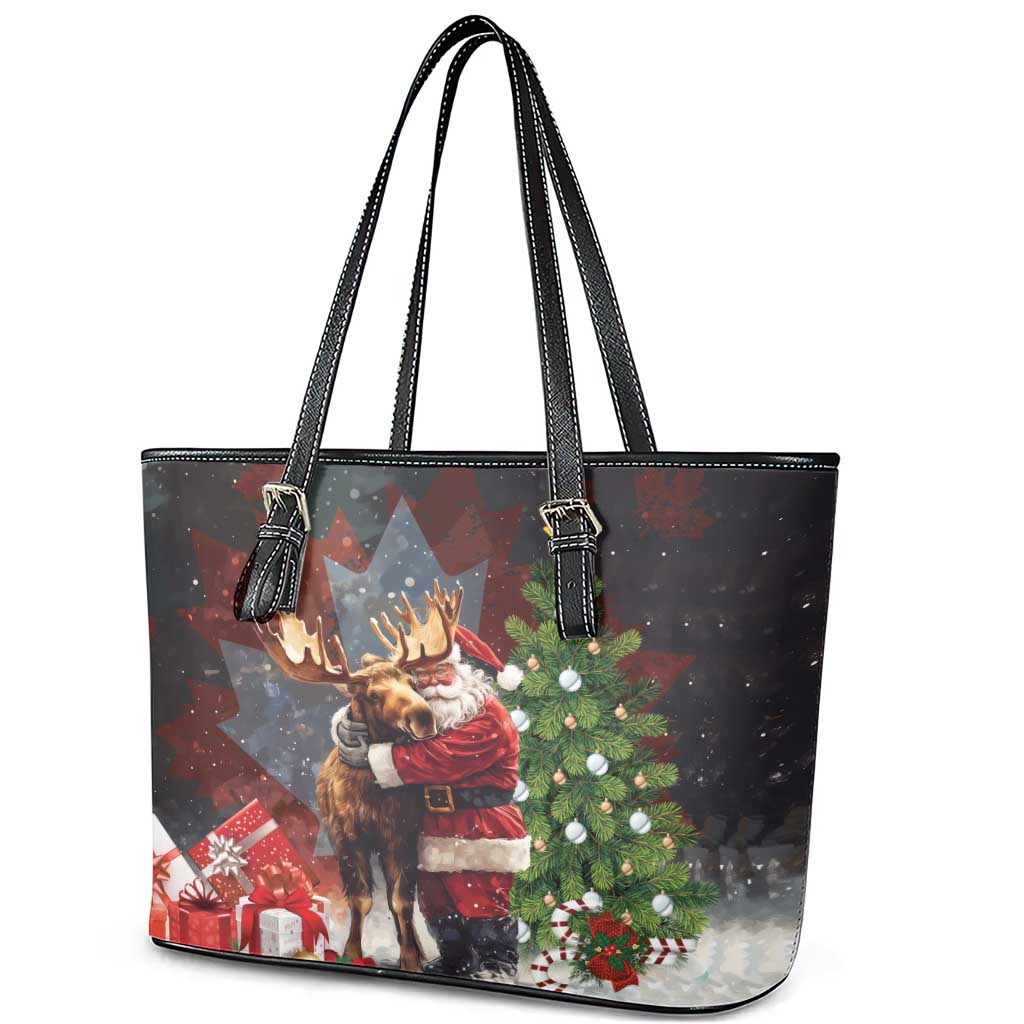 Christmas Canada Leather Tote Bag Merry Moose-Mas Santa Hugging A Moose LT14