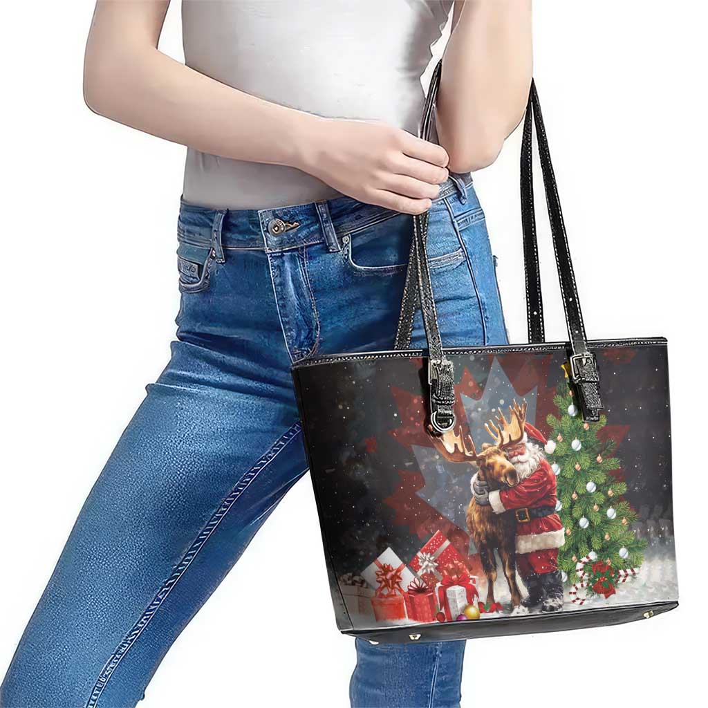 Christmas Canada Leather Tote Bag Merry Moose-Mas Santa Hugging A Moose LT14