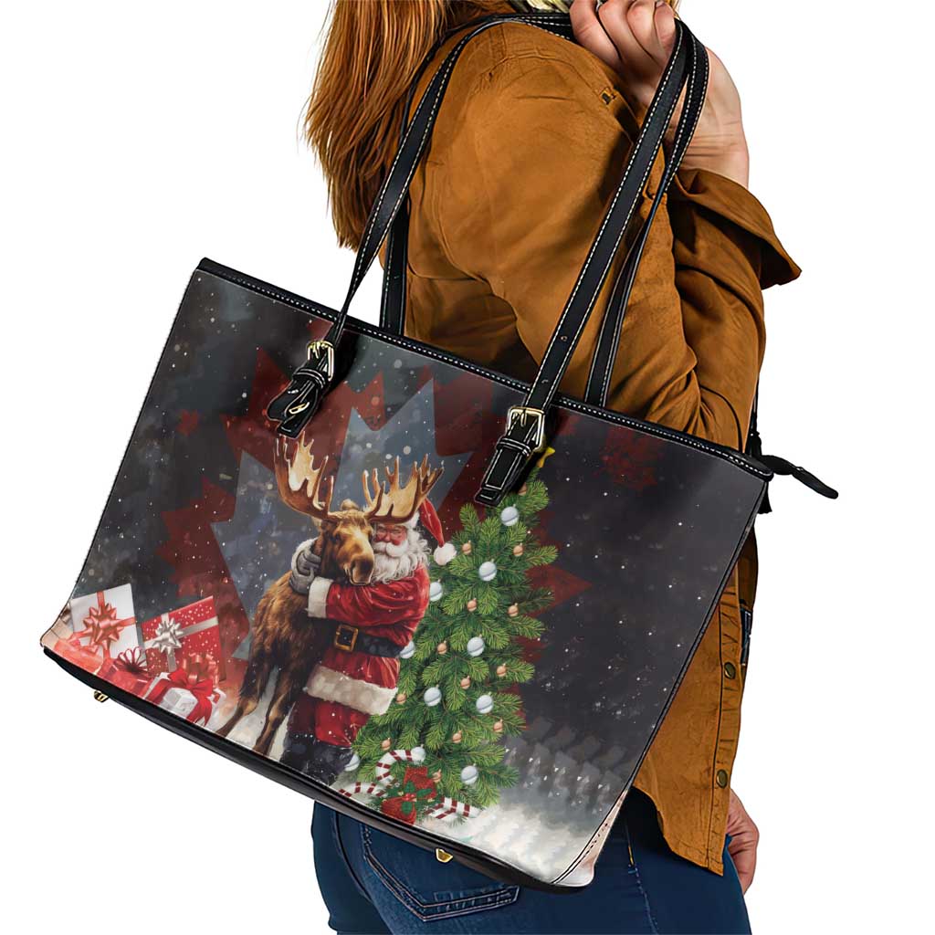 Christmas Canada Leather Tote Bag Merry Moose-Mas Santa Hugging A Moose LT14
