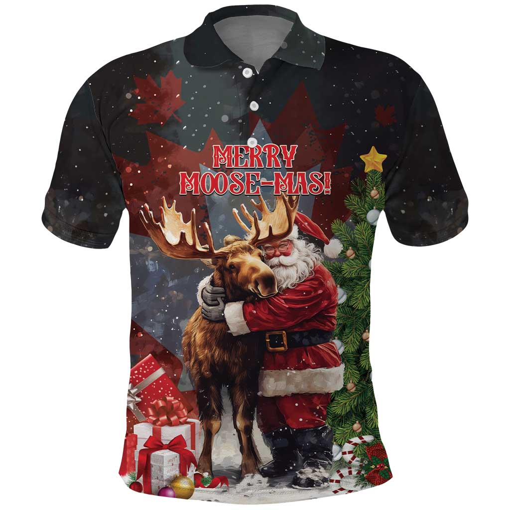 Christmas Canada Polo Shirt Merry Moose-Mas Santa Hugging A Moose LT14