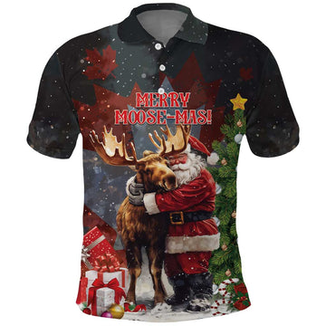 Christmas Canada Polo Shirt Merry Moose-Mas Santa Hugging A Moose LT14