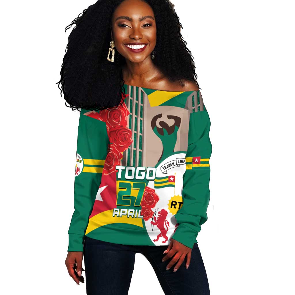 Republique Togolaise Monument de l'Independance Off Shoulder Sweater African Pinkish Rose Coat Of Arms LT14