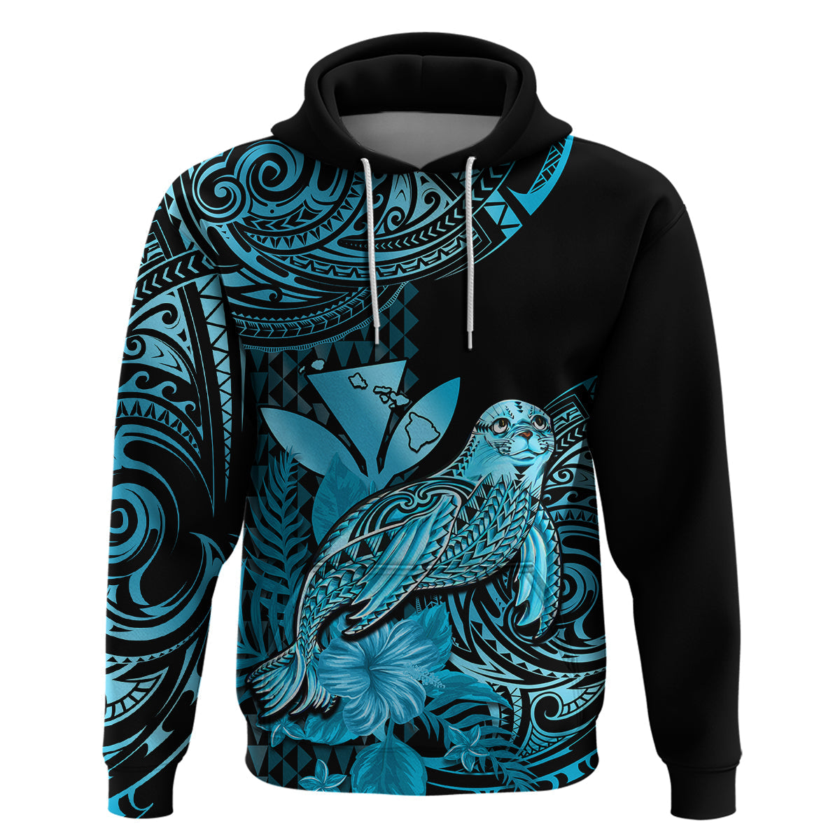 Custom Hawaii Monk Seal Hoodie Polynesian Kakau With Kanaka Turquoise LT14