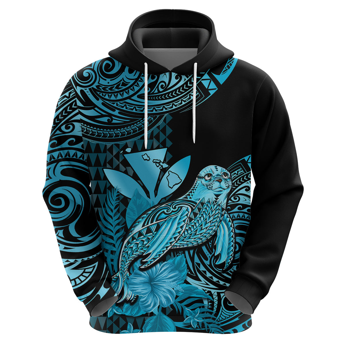 Custom Hawaii Monk Seal Hoodie Polynesian Kakau With Kanaka Turquoise LT14