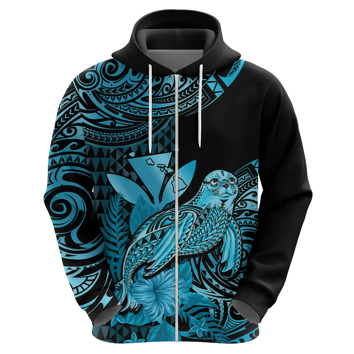 Custom Hawaii Monk Seal Hoodie Polynesian Kakau With Kanaka Turquoise LT14