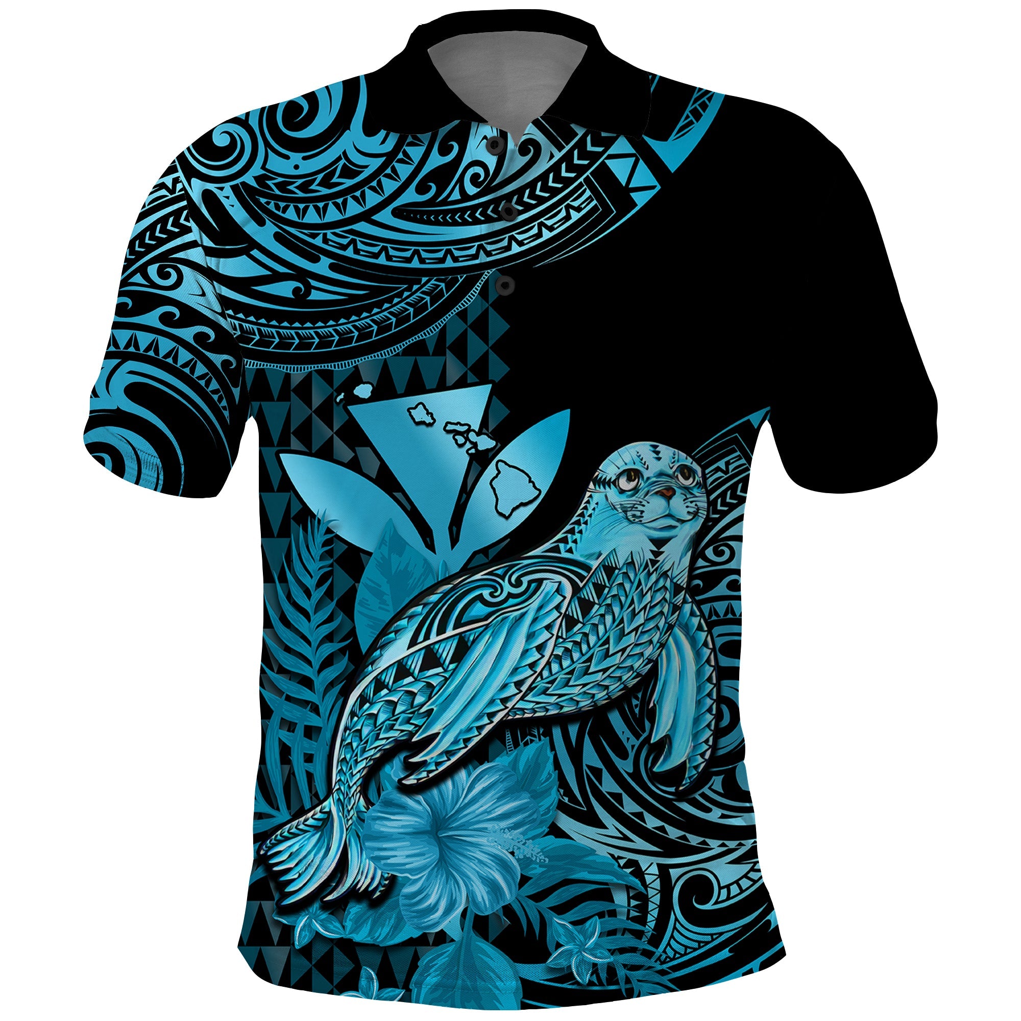 Custom Monk Seal Hawaii Polo Shirt Polynesian Kakau With Kanaka Turquoise LT14