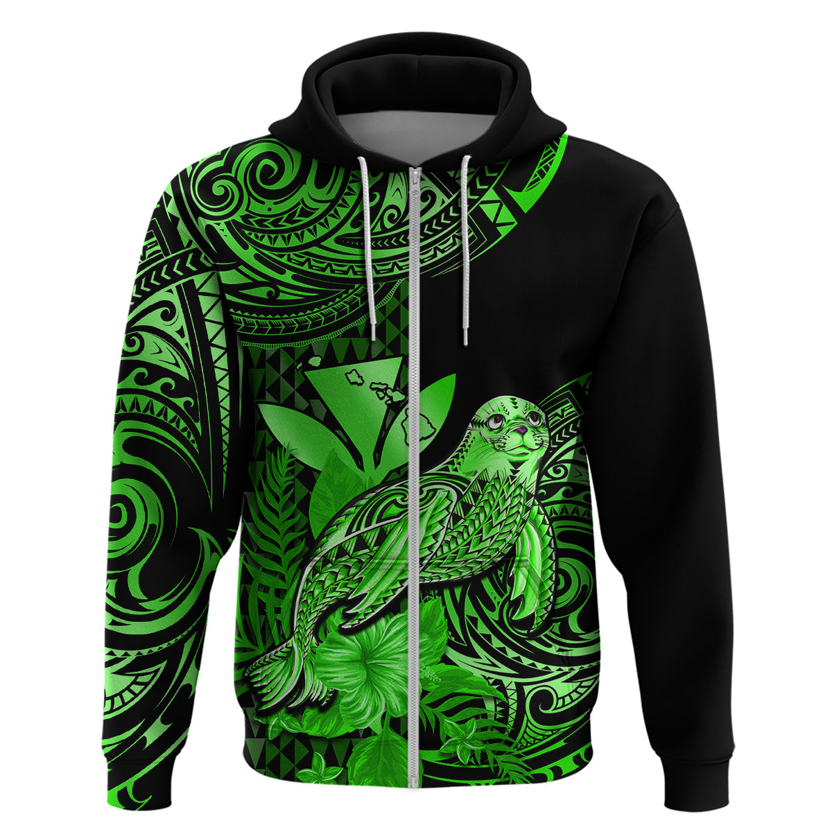 Custom Hawaii Monk Seal Hoodie Polynesian Kakau With Kanaka Green LT14