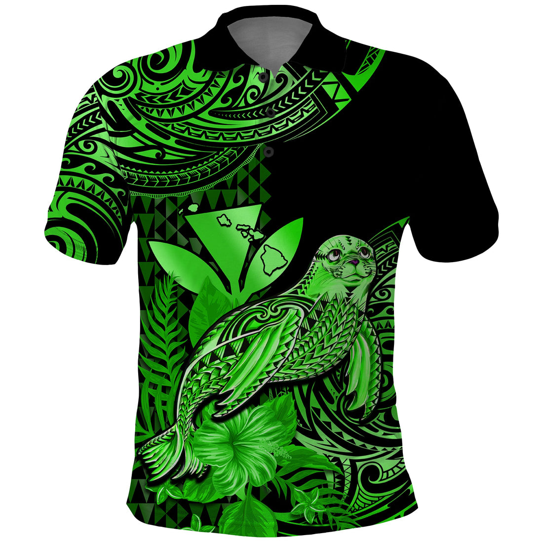 Custom Monk Seal Hawaii Polo Shirt Polynesian Kakau With Kanaka Green LT14