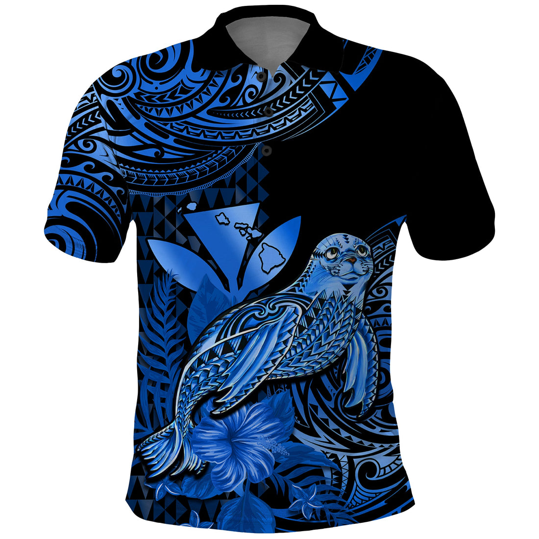 Custom Monk Seal Hawaii Polo Shirt Polynesian Kakau With Kanaka Blue LT14