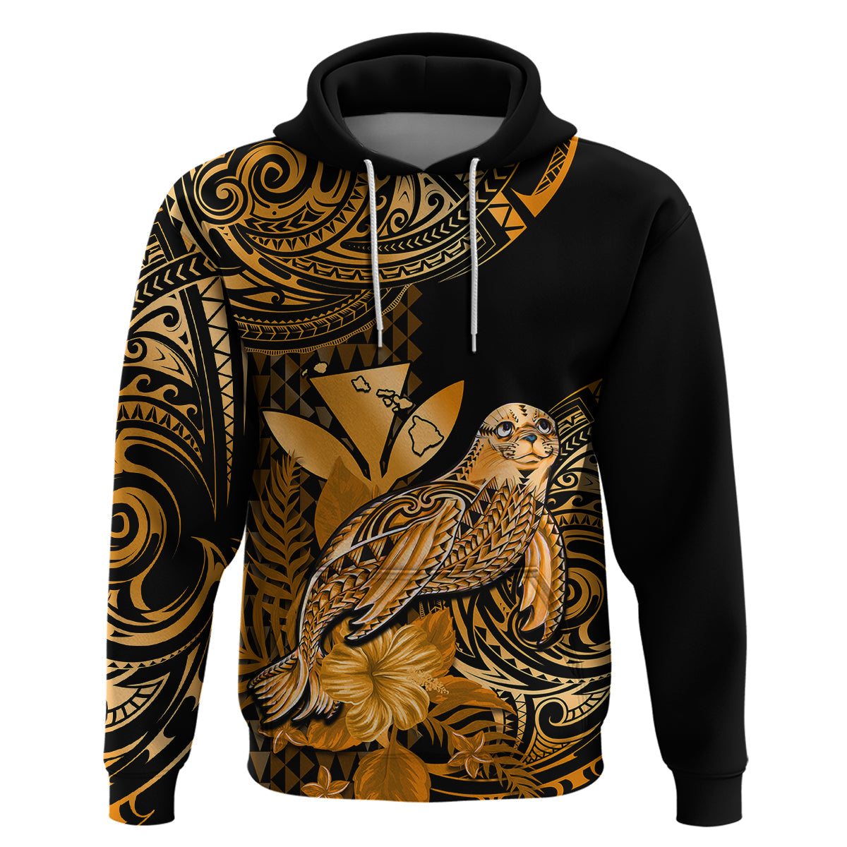 Custom Hawaii Monk Seal Hoodie Polynesian Kakau With Kanaka Gold LT14