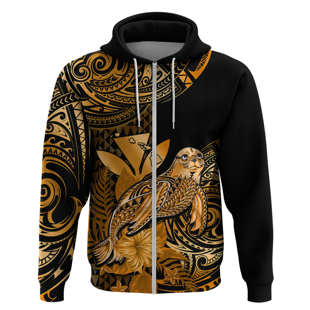 Custom Hawaii Monk Seal Hoodie Polynesian Kakau With Kanaka Gold LT14