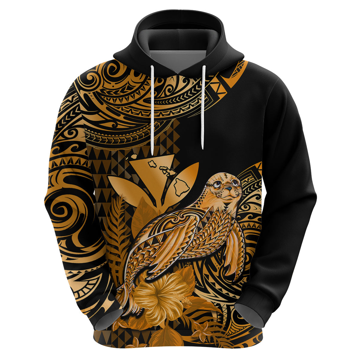 Custom Hawaii Monk Seal Hoodie Polynesian Kakau With Kanaka Gold LT14