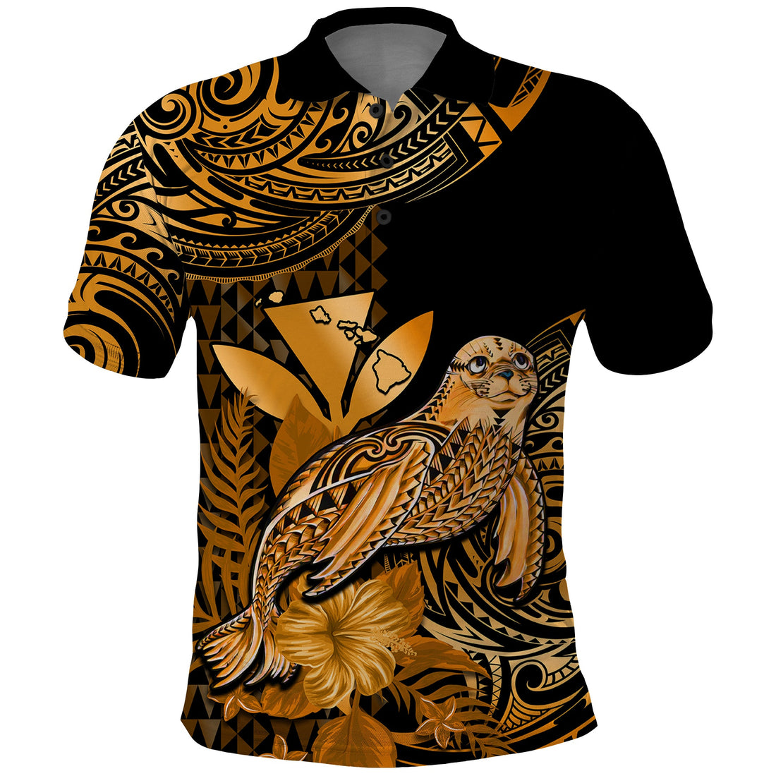 Custom Monk Seal Hawaii Polo Shirt Polynesian Kakau With Kanaka Gold LT14