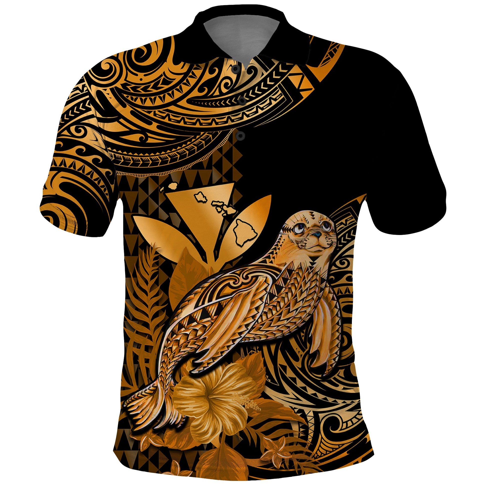 Custom Monk Seal Hawaii Polo Shirt Polynesian Kakau With Kanaka Gold LT14