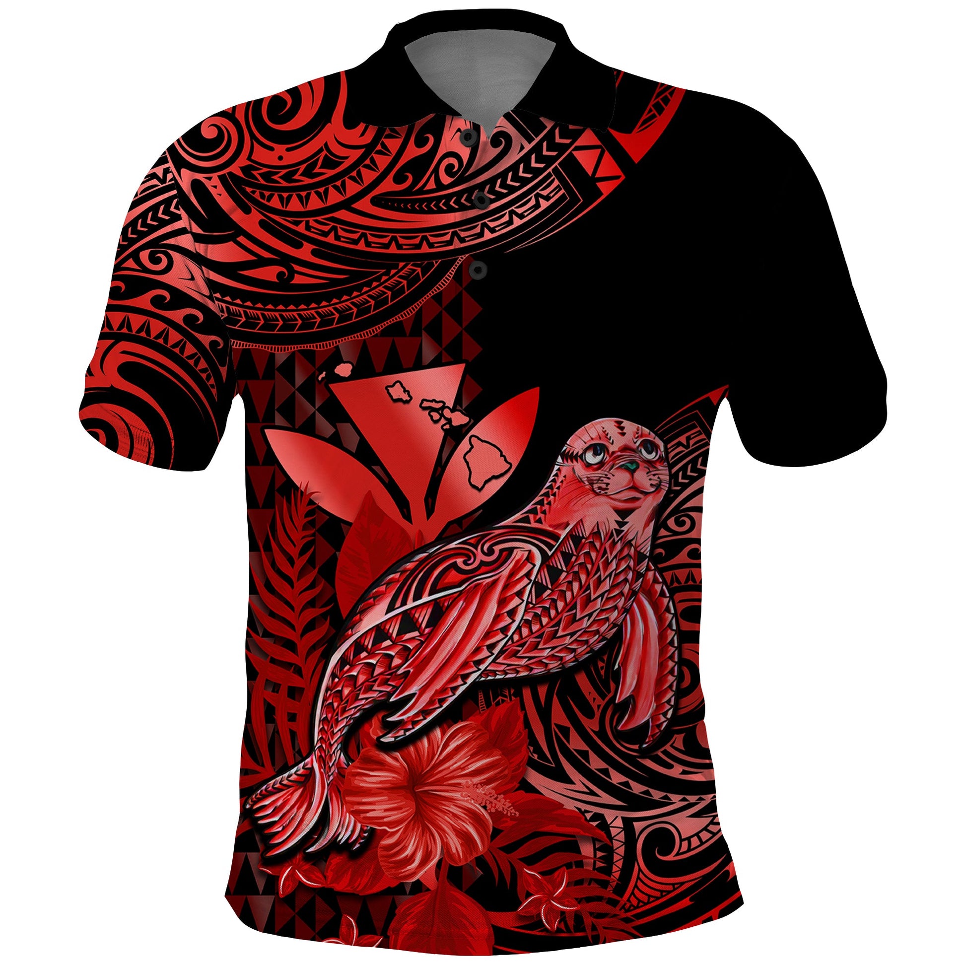 Custom Monk Seal Hawaii Polo Shirt Polynesian Kakau With Kanaka Red LT14