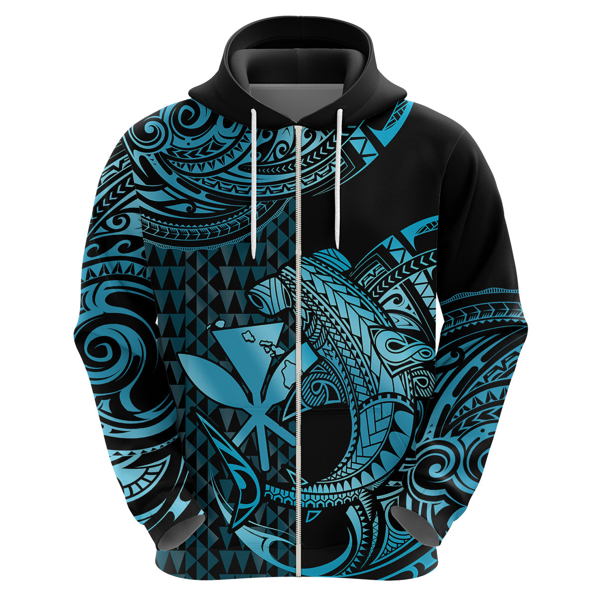 Custom Hawaii Hammerhead Shark Polynesian Hoodie Polynesian Kakau With Kanaka Turquoise LT14