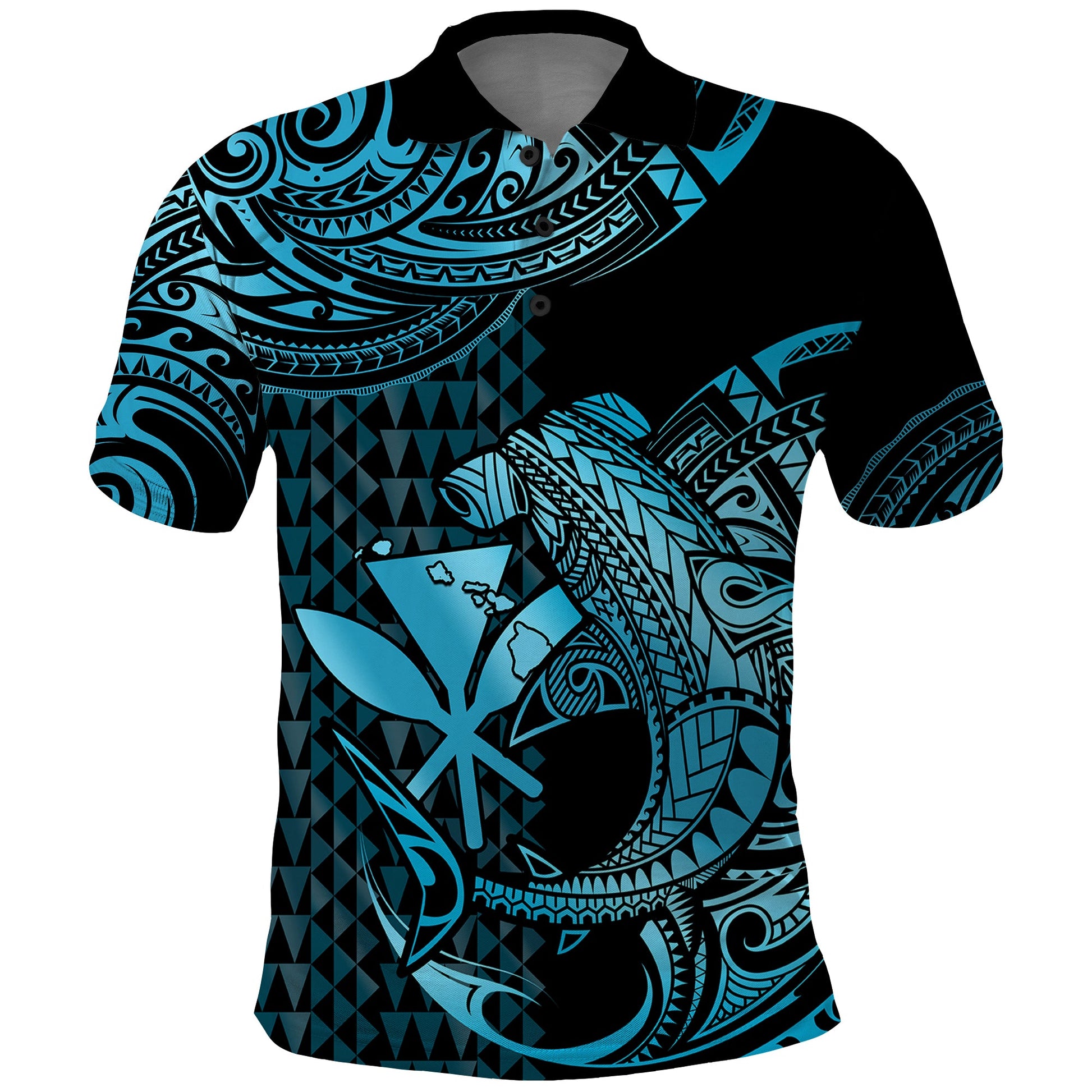 Custom Hawaii Hammerhead Shark Polynesian Tatoo Polo Shirt Polynesian Kakau With Kanaka Turquoise LT14