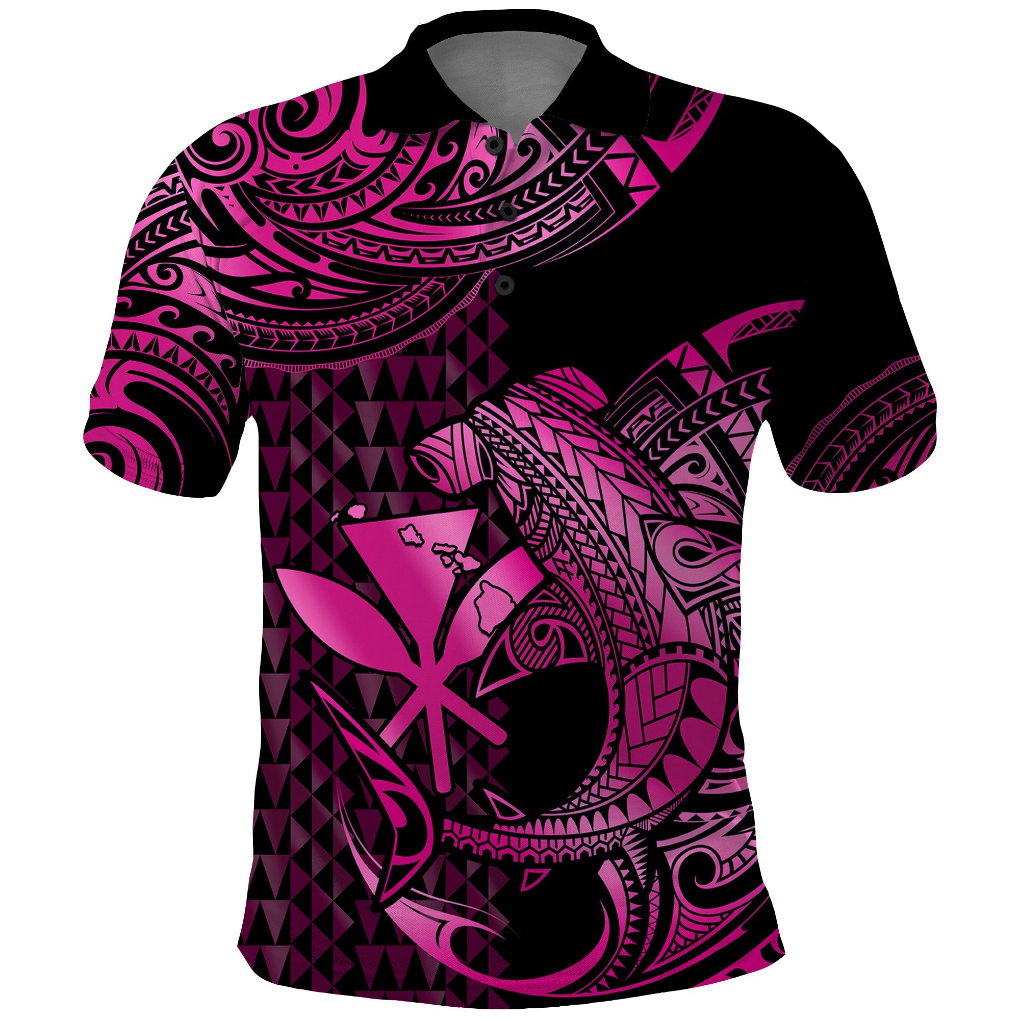 Custom Hawaii Hammerhead Shark Polynesian Tatoo Polo Shirt Polynesian Kakau With Kanaka Pink LT14